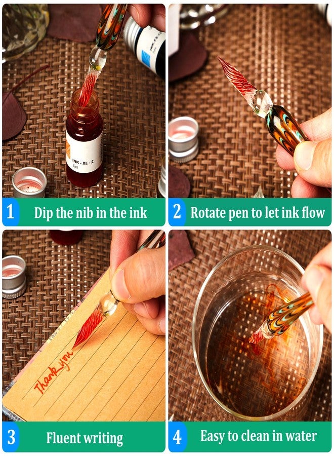 Zonon Glass Dipped Pen Ink Set 14 Pcs Include 6 Pcs Glass Dip Pen, 6 Colorful India Ink and 2 Pen Holder Crystal Glass Signature Pen Calligraphy Glass Pen for Art, Writing, Signatures, Gift Pen - Image 4