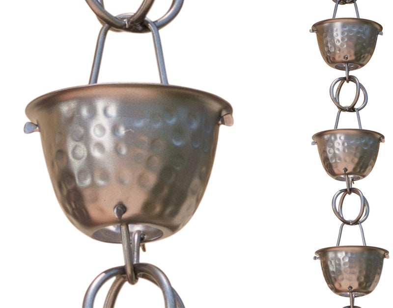 Monarch Rain Chains Aluminum Hammered Cup Pewter Rain Chains for Gutters â€“ 8.5 ft Pewter Decorative Rainchain Outdoor Durable Heavy Duty Gutter Chain Downspout Modern Rainchains for Outside
