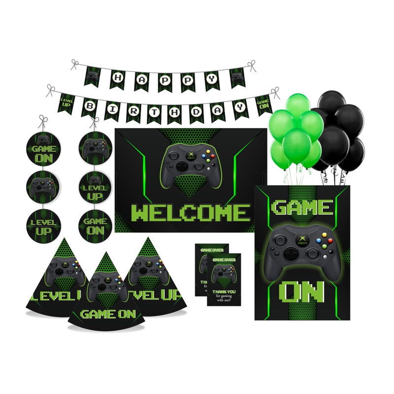 PrettyurParty PRETTY UR PARTY Game On Party decorations Kit - 80 pcs include Bunting, balloons, thank you, centerpiece, danglers, Caps, Gaming Party Supplies, Level Up Birthday Decor, DIY Décor for Kids, Boys - Image 1
