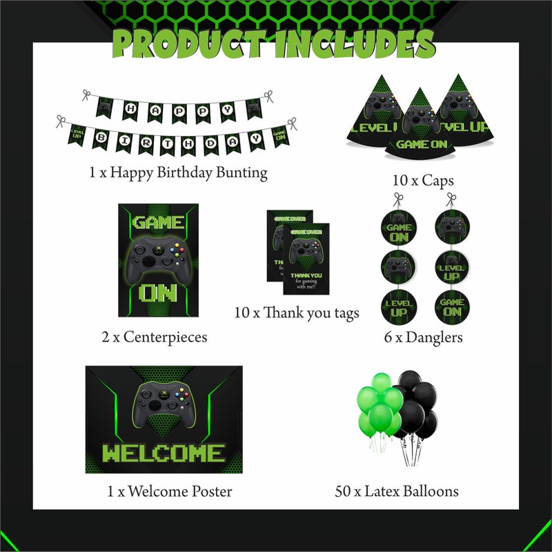 PrettyurParty PRETTY UR PARTY Game On Party decorations Kit - 80 pcs include Bunting, balloons, thank you, centerpiece, danglers, Caps, Gaming Party Supplies, Level Up Birthday Decor, DIY Décor for Kids, Boys - Image 2