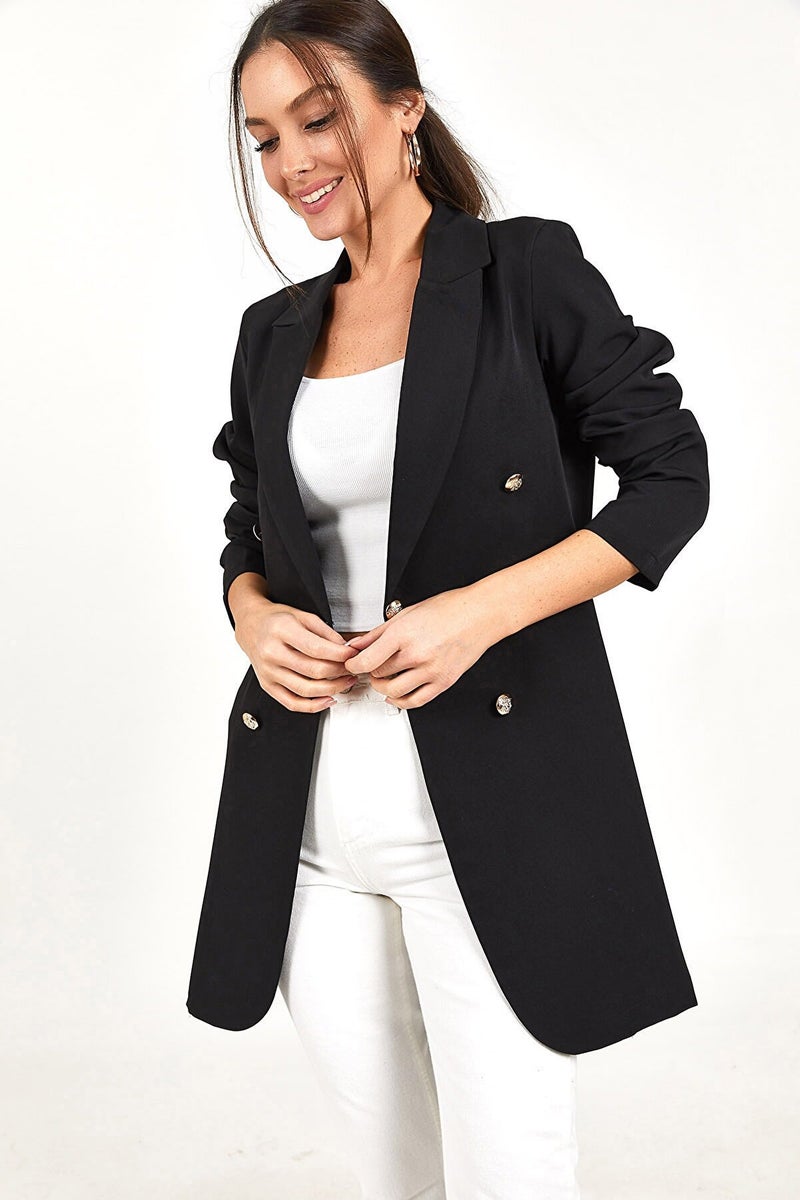 Women's Double-Breasted Mid-Length Blazer Jacket Office Casual Suit Coat - Image 2