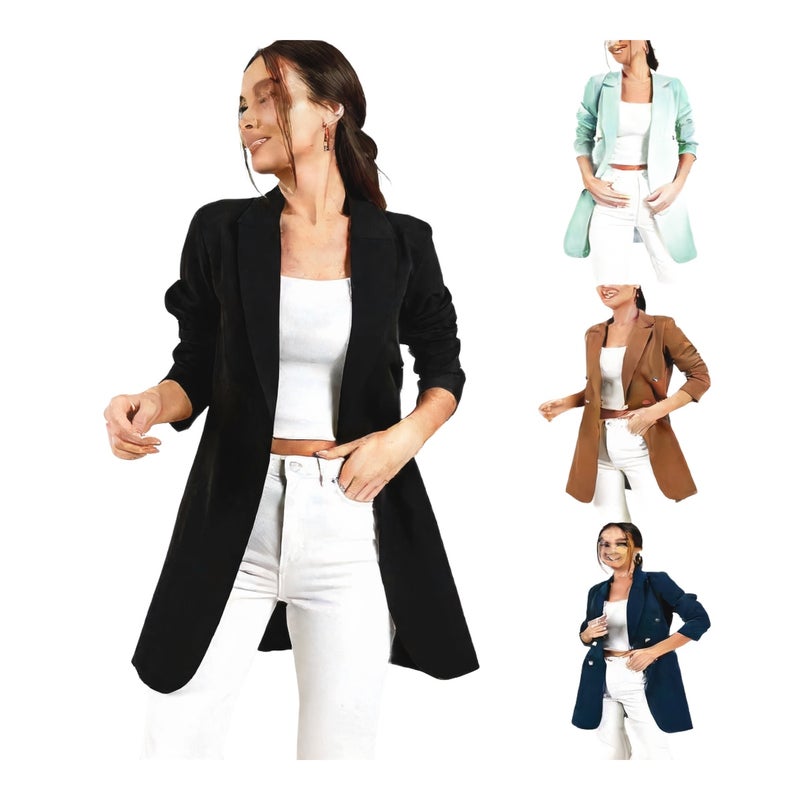 Women's Double-Breasted Mid-Length Blazer Jacket Office Casual Suit Coat - Image 1