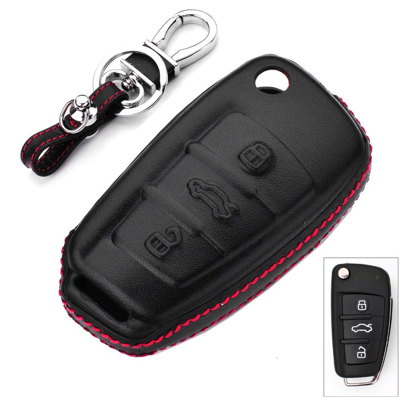 RoyalFox Genuine Leather 3 buttons Key Fob case Cover For Audi Folding Key, Audi A1 A3 Q3 Q7 TT S3 R8 Car Remote Pouch With key rings Keychain Holder Metal Hook Black