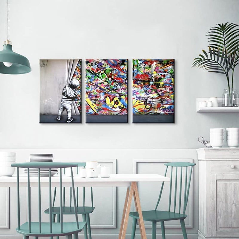 Mistyefly 3 Pieces Banksy Wall Art Graffiti Wall Art Behind the Curtain Wall Art Colorful Decor Banksy Canvas Wall Art Pop Art Graffiti Canvas Wall Art Street Art Banksy Canvas for Room Decor (16''Wx24''Hx3PCS) - Image 4
