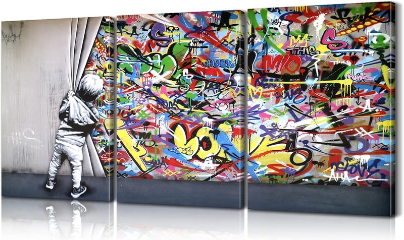 Mistyefly 3 Pieces Banksy Wall Art Graffiti Wall Art Behind the Curtain Wall Art Colorful Decor Banksy Canvas Wall Art Pop Art Graffiti Canvas Wall Art Street Art Banksy Canvas for Room Decor (16''Wx24''Hx3PCS) - Image 1