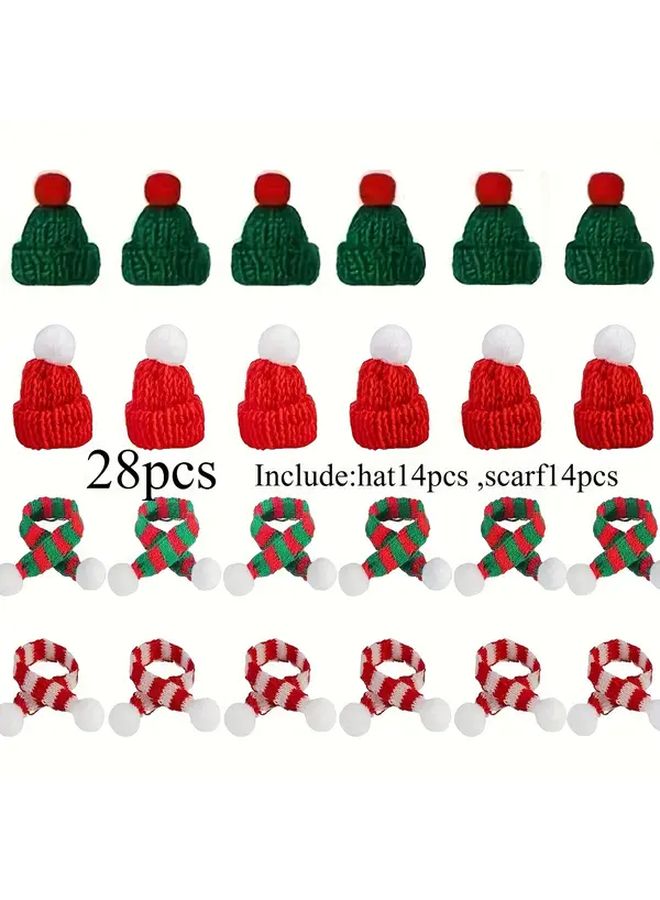 28 Pcs Mini Christmas Knitted Hat and Scarf Set Red Green DIY Crafts Ornaments - Image 1