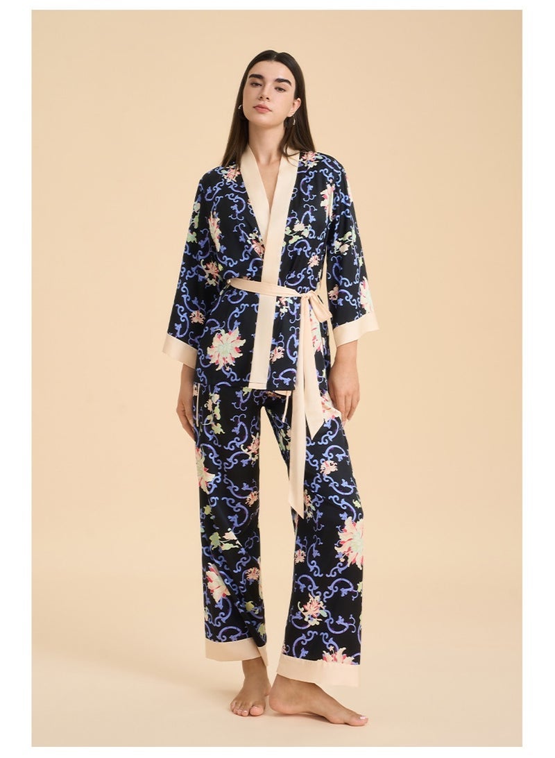 general Womens Satin Print Pajamas Set Long Sleeve Sleepwear Robe Top and Pants Loungewear Set - Image 1
