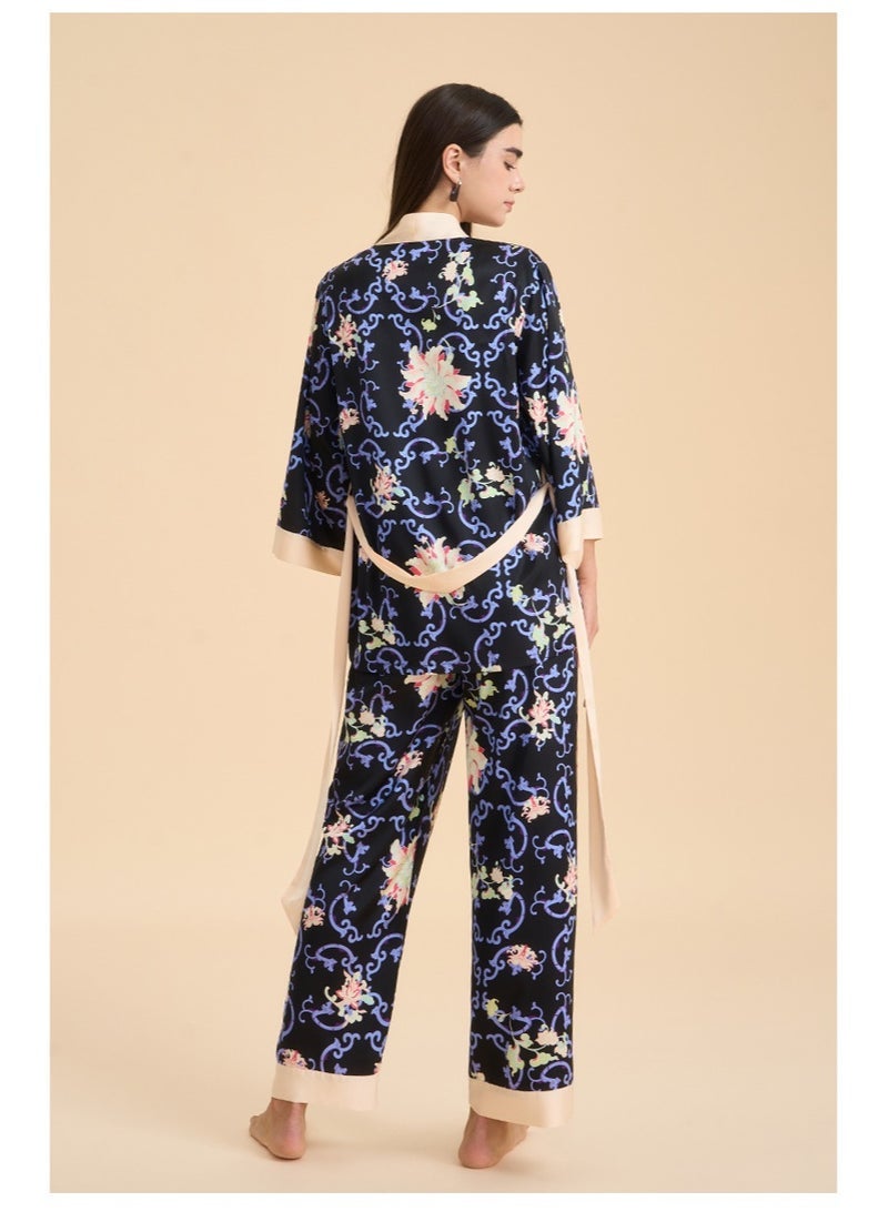 general Womens Satin Print Pajamas Set Long Sleeve Sleepwear Robe Top and Pants Loungewear Set - Image 3