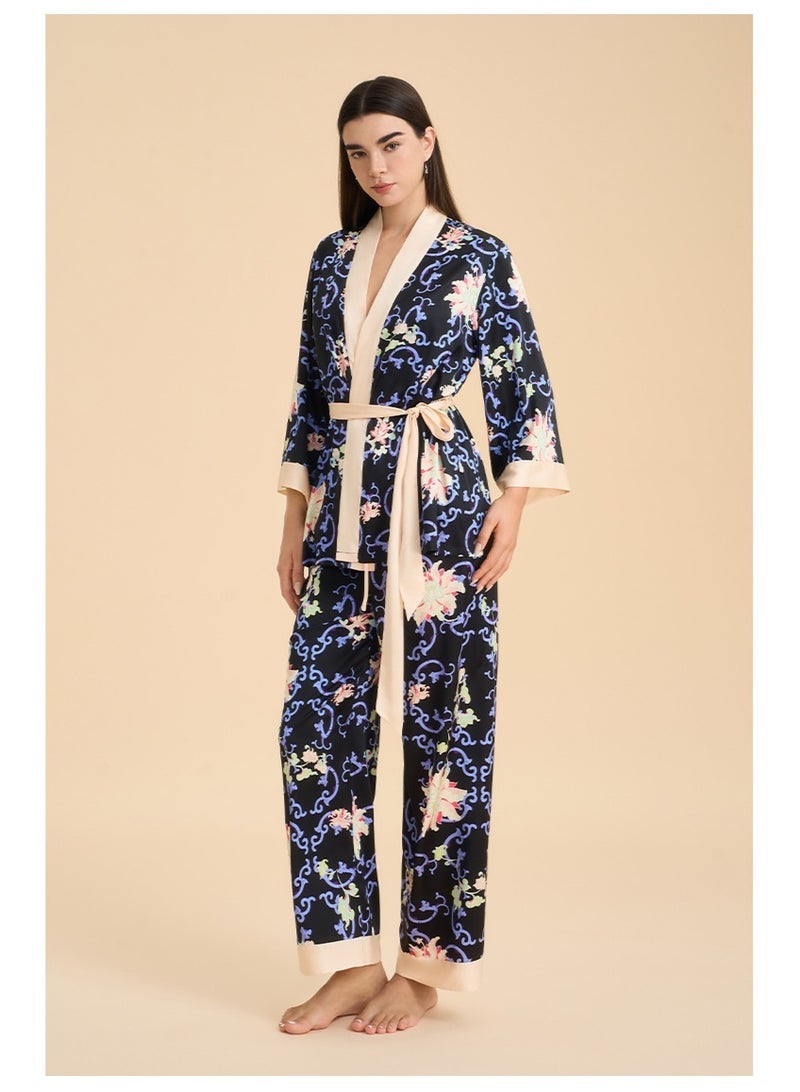 general Womens Satin Print Pajamas Set Long Sleeve Sleepwear Robe Top and Pants Loungewear Set - Image 2
