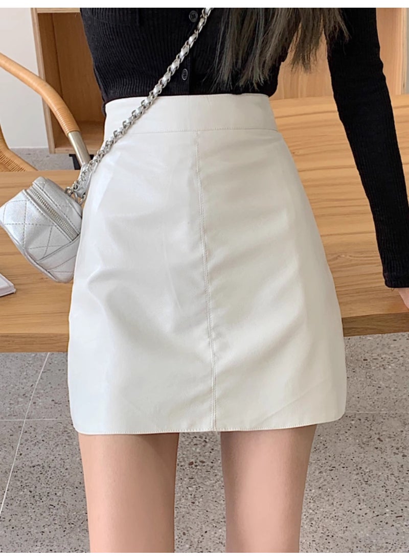 Generic - 2023 Autumn Winter PU Leather Skirt High Waist Slimming Apricot - Image 1