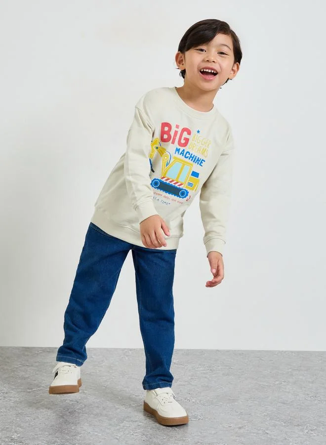 Styli Boys Beige Graphic Print Oversized Sweatshirt