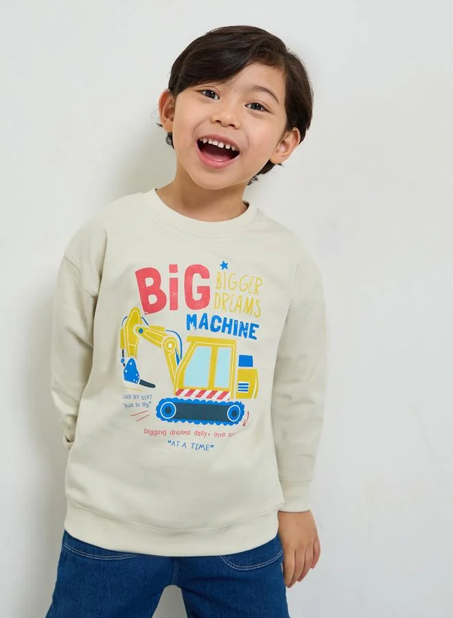 Styli Boys Beige Graphic Print Oversized Sweatshirt