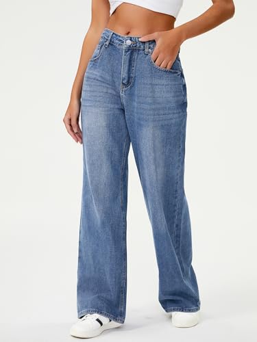 HDLTE Women Wide Leg Jeans High Waist Baggy Jeans Loose Boyfriend Jean Denim Pants Y2K Blue, X-Small - Image 3