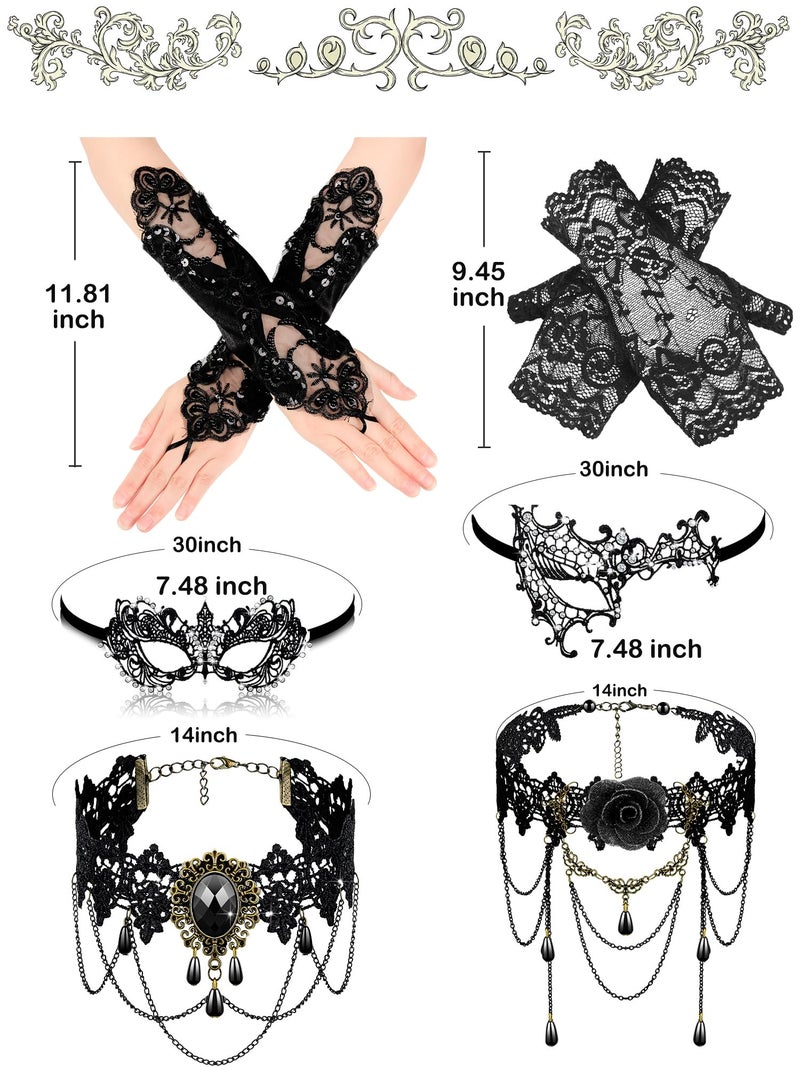Newcotte 6 Pcs Masquerade Mask for Women Lace Mask Choker Necklace Glove for Valentine Party Couple Masquerade Ball 80s 90s(Modern Style) - Image 3