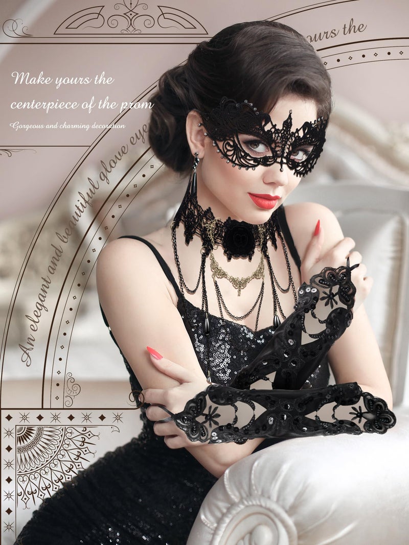 Newcotte 6 Pcs Masquerade Mask for Women Lace Mask Choker Necklace Glove for Valentine Party Couple Masquerade Ball 80s 90s(Modern Style) - Image 2