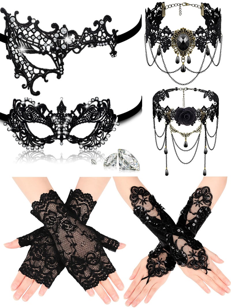 Newcotte 6 Pcs Masquerade Mask for Women Lace Mask Choker Necklace Glove for Valentine Party Couple Masquerade Ball 80s 90s(Modern Style) - Image 1
