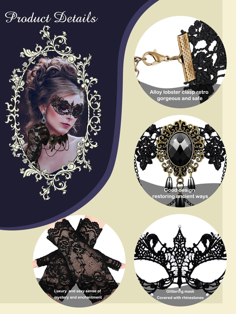 Newcotte 6 Pcs Masquerade Mask for Women Lace Mask Choker Necklace Glove for Valentine Party Couple Masquerade Ball 80s 90s(Modern Style) - Image 5