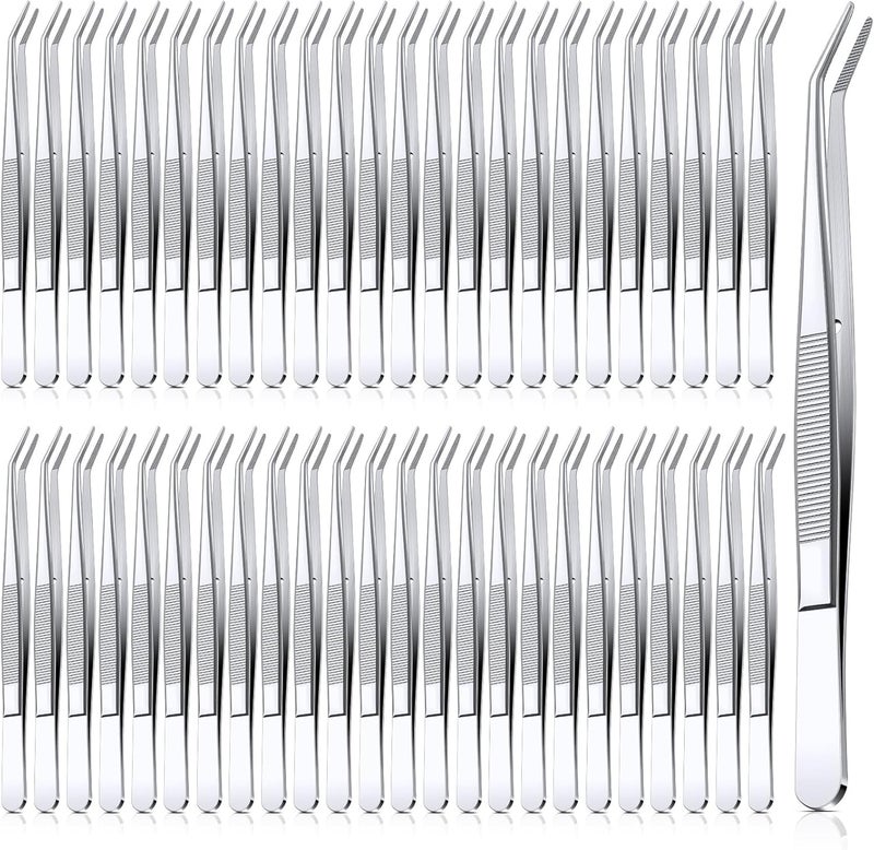 Honoson 48 Pieces Stainless Steel Tweezers with Curved Serrated Tip Multipurpose Tweezers Sewing Machine Tweezers Forceps Tweezers for Craft, Silver - Image 1