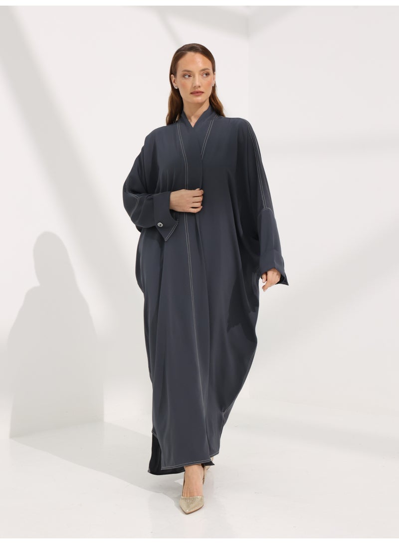 Khan&Co. Seven Seas Earl Grey grey crepe fabric abaya with two silver KHAN&CO logo buttons - by Abdullah Khan - Image 4