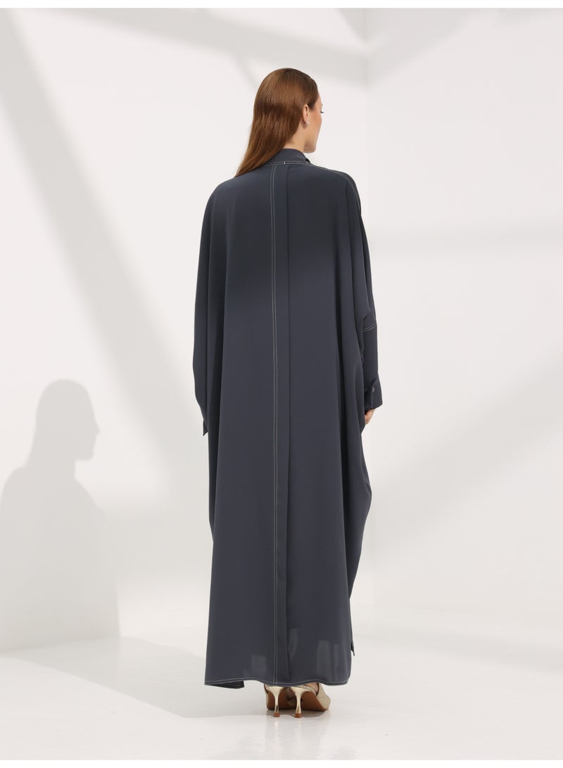 Khan&Co. Seven Seas Earl Grey grey crepe fabric abaya with two silver KHAN&CO logo buttons - by Abdullah Khan - Image 3