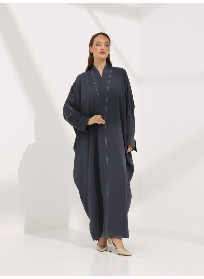 Khan&Co. Seven Seas Earl Grey grey crepe fabric abaya with two silver KHAN&CO logo buttons - by Abdullah Khan - Image 1