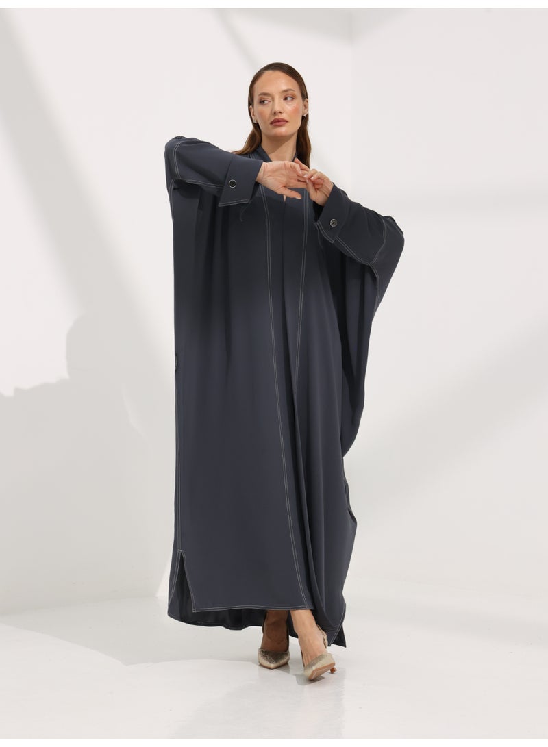 Khan&Co. Seven Seas Earl Grey grey crepe fabric abaya with two silver KHAN&CO logo buttons - by Abdullah Khan - Image 2