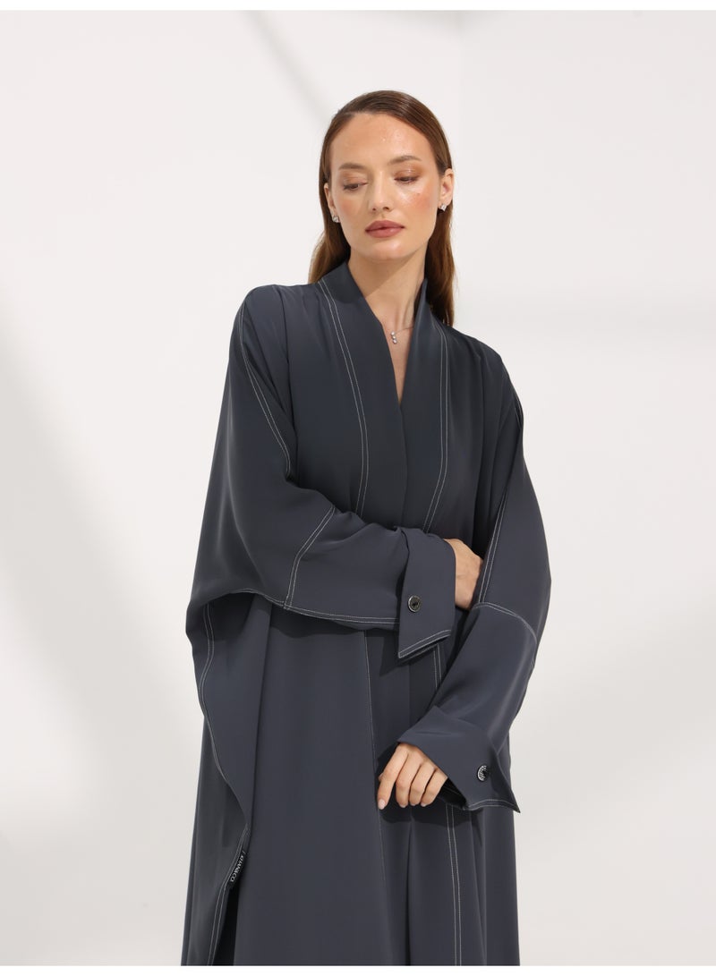 Khan&Co. Seven Seas Earl Grey grey crepe fabric abaya with two silver KHAN&CO logo buttons - by Abdullah Khan - Image 5