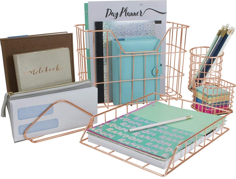 Sorbus Desk Organizer Set, Rose Gold 5-Piece Desk Accessories Set Includes Pencil Cup Holder, Letter Sorter, Letter Tray, Hanging File Organizer, and Sticky Note holder for Home or Office (Copper) - Image 1