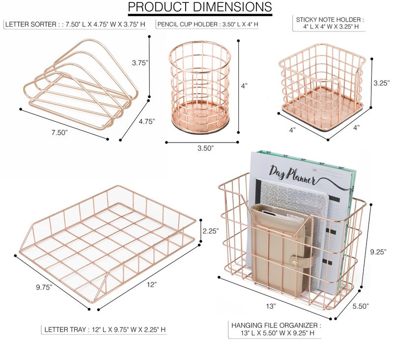 Sorbus Desk Organizer Set, Rose Gold 5-Piece Desk Accessories Set Includes Pencil Cup Holder, Letter Sorter, Letter Tray, Hanging File Organizer, and Sticky Note holder for Home or Office (Copper) - Image 2