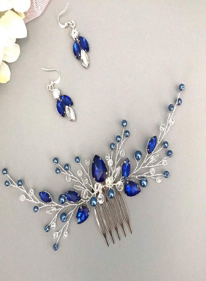 BERYUAN Women Royal Sapphire Crystal Blue Pearl Earring Hair Vine Set Silver Wedding Hair Accessory Hair Comb Piece Party Headpiece (Blue) - Image 1