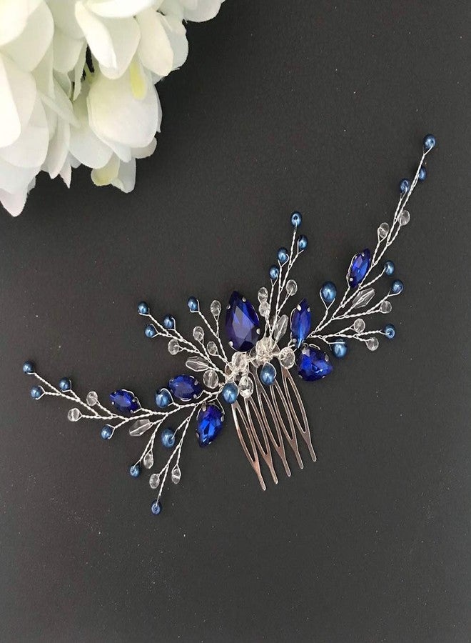 BERYUAN Women Royal Sapphire Crystal Blue Pearl Earring Hair Vine Set Silver Wedding Hair Accessory Hair Comb Piece Party Headpiece (Blue) - Image 4