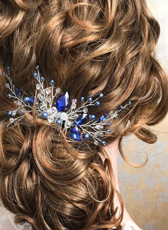 BERYUAN Women Royal Sapphire Crystal Blue Pearl Earring Hair Vine Set Silver Wedding Hair Accessory Hair Comb Piece Party Headpiece (Blue) - Image 2