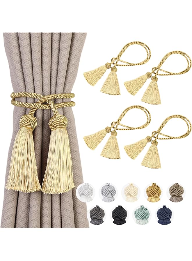 The Bros 4PC Gold Curtain Tiebacks with Tassels - Decorative Holdbacks for Bedroom, Bathroom, Kitchen, Office Drapes - Image 1