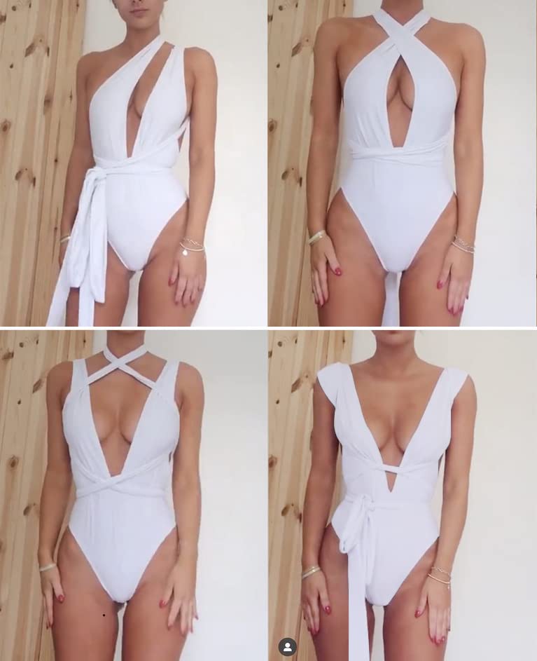 Lilosy Sexy Lace Up Plunge Neck Backless High Waisted Low Cut Leg Rise Thong Cheeky Brazilian 1 Piece Bikini Swimsuit Women Back Bathing Suit Tie Criss Cross Monokini White Large - Image 2