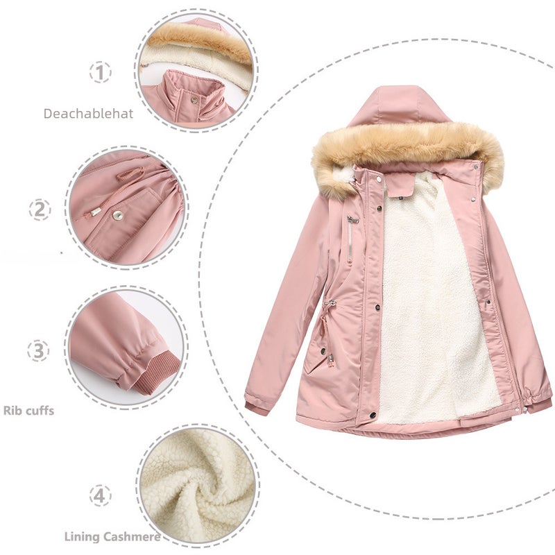 2024 Womens Thickened Sherpa Cotton Coat with Removable Hood Army Green