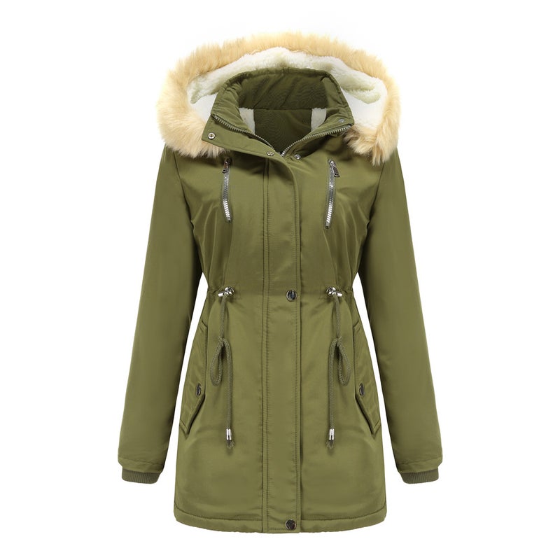 2024 Womens Thickened Sherpa Cotton Coat with Removable Hood Army Green