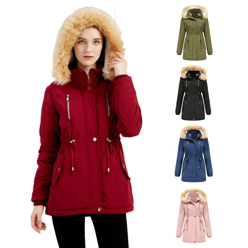 2024 Womens Thickened Sherpa Cotton Coat with Removable Hood Army Green