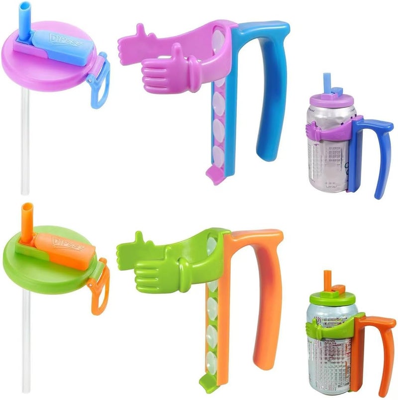 DIPESI Soda Can Lids and Holders for 12oz Cans – 2 Can Covers with Straw + 2 Can Holder with Handle – For Soda, Beer, Pop – Easy to Hold, Leak-Free - Image 1