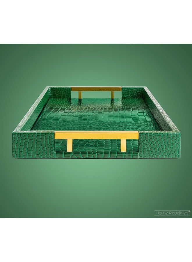 Home Redefined Luxury Modern Elegant 18"x12" Rectangle Crocodile Green Decorative Ottoman Coffee Table Perfume Living Room Kitchen Serving Tray with Gold Polished Metal Handles by Home Redefined for All Occasion's - Image 4