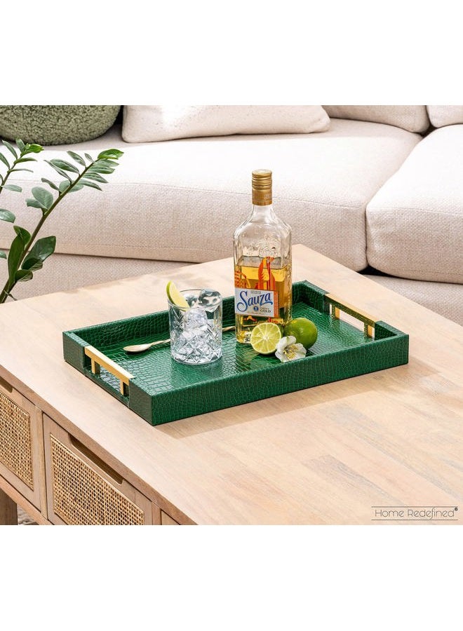 Home Redefined Luxury Modern Elegant 18"x12" Rectangle Crocodile Green Decorative Ottoman Coffee Table Perfume Living Room Kitchen Serving Tray with Gold Polished Metal Handles by Home Redefined for All Occasion's - Image 2