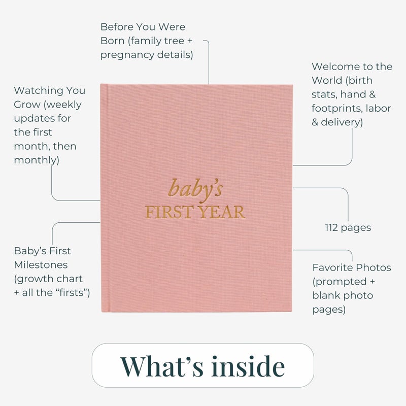 DUNCAN & STONE PAPER CO. Baby First Year Book - Heirloom Keepsake Baby Memory Book to Record Important Milestones, Photos & More - Baby Keepsake Books (Dusty Rose,112 Pages) - Image 4