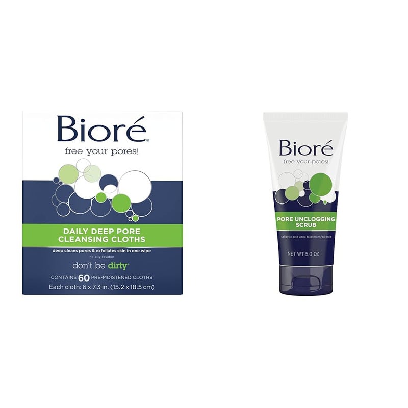 Biore مناديل بيو ري اليومية لإزالة المكياج، مناديل تنظيف الوجه وكشط المسام، تزيل الأوساخ والزيوت الزائدة، مقشر للوجه، مع حمض الساليسيليك، خالي من الزيوت، 5 أونصات (معتمد من HSA/FSA) - Image 1