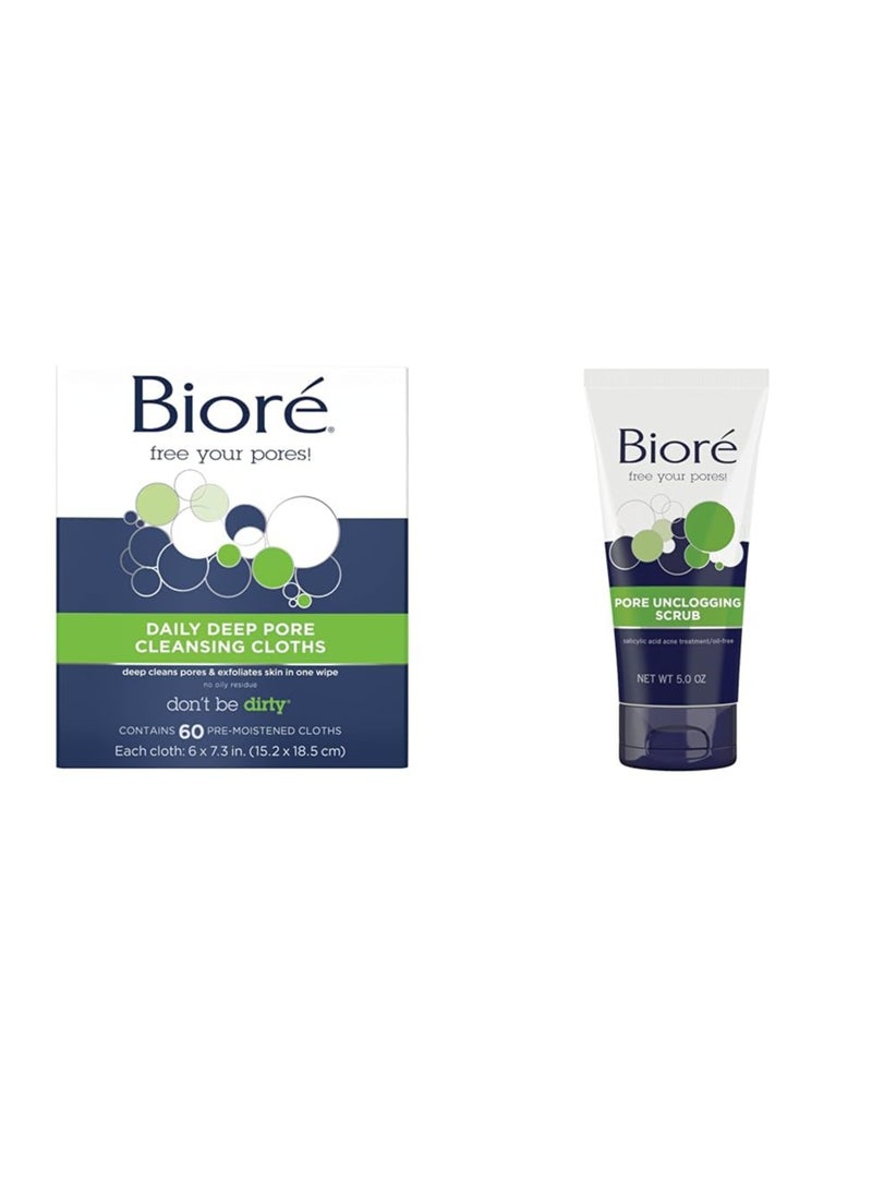 Biore Bioré Daily Make Up Removing Cloths, Facial Cleansing Wipes & Pore Unclogging Scrub, Removes Excess Dirt and Oils, Face Scrub, with Salicylic Acid, Oil Free, 5 Ounces (HSA/FSA Approved)  - Image 1