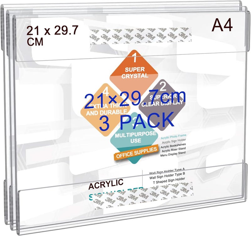 TPGP ROSSHINE A4 Acrylic Sign Holder Wall Mount Set of 3 with Adhesive Tape - Image 1