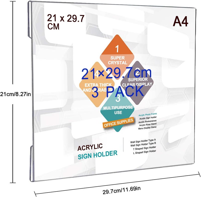TPGP ROSSHINE A4 Acrylic Sign Holder Wall Mount Set of 3 with Adhesive Tape - Image 2