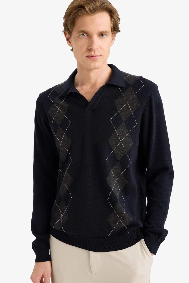 ديفاكتو Standard Fit Crew Neck Diamond Pattern Knit Pullover