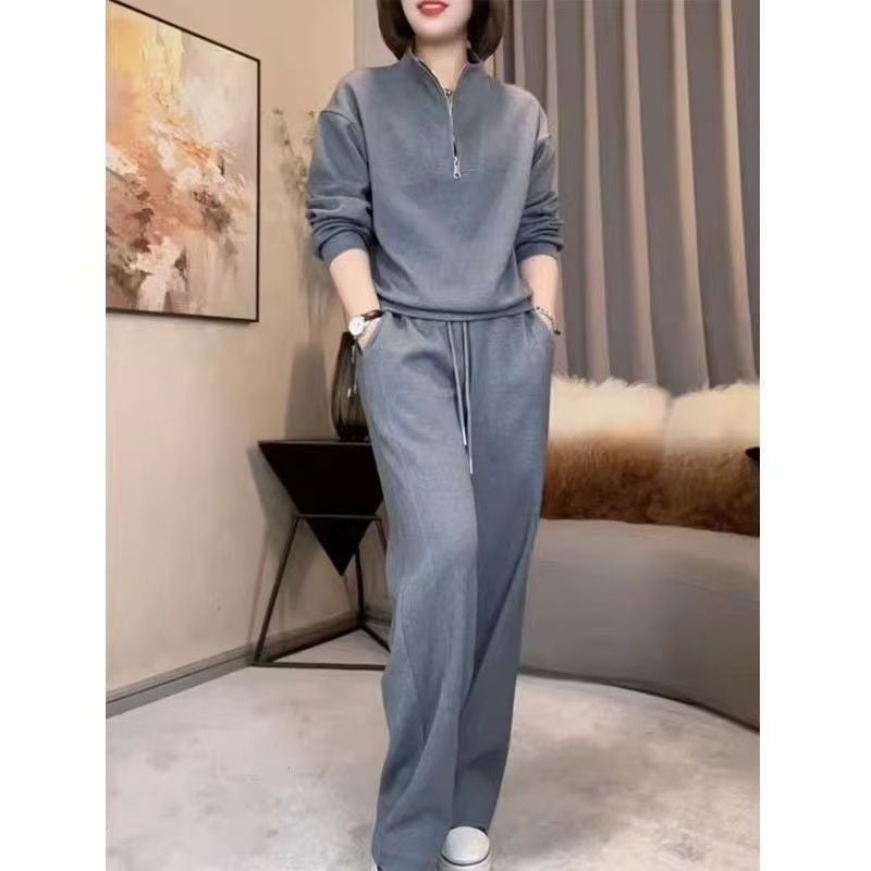 Spring and Autumn New Fashion Women''s Stylish Stand-Collar Sweatshirt with Youthful Design, Slimming and Figure-Flattering Wide-Leg Pants Two-Piece Set - Image 3