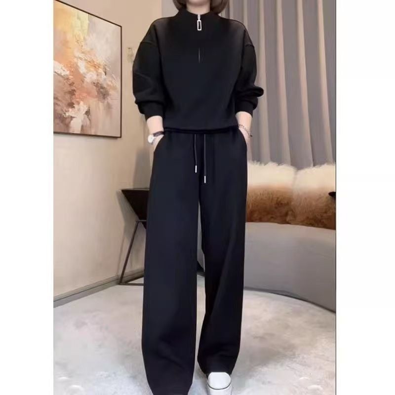 Spring and Autumn New Fashion Women''s Stylish Stand-Collar Sweatshirt with Youthful Design, Slimming and Figure-Flattering Wide-Leg Pants Two-Piece Set - Image 2