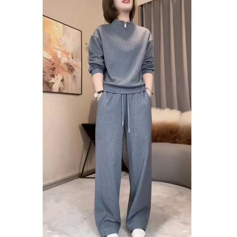 Spring and Autumn New Fashion Women''s Stylish Stand-Collar Sweatshirt with Youthful Design, Slimming and Figure-Flattering Wide-Leg Pants Two-Piece Set - Image 5