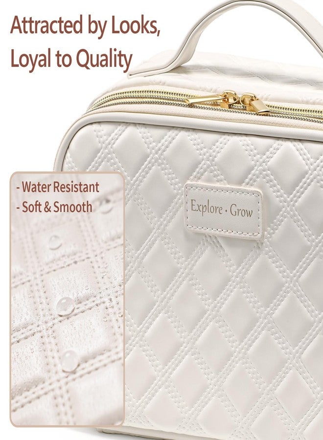 PACKISM Quilted Travel Makeup Bag for Women - PU Leather Open Flat Cosmetic Bags for Women with Dividers, Independent Brush Holder, Waterproof Make Up Organizer for Travel Bathroom, Cream (L) - Image 3